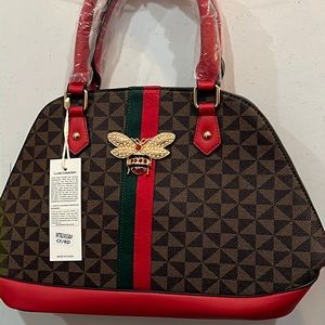 BROWN QUEEN BEE STRIPE MONOGRAM 2-IN-1 DOME SATCHEL